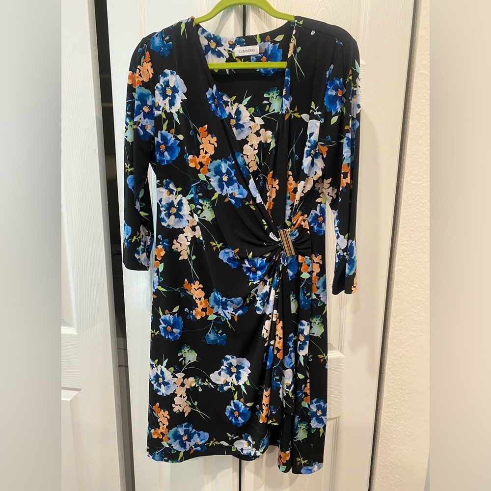 Calvin Klein Black Floral Wrap Dress with Blue & Orange Blooms